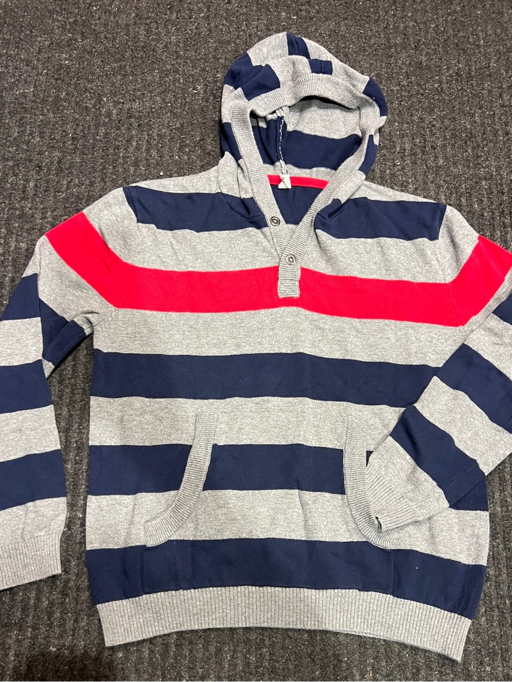 Roboyoyo Boys XL Gray Blue Red Striped Hooded Knit Sweater Hoodie